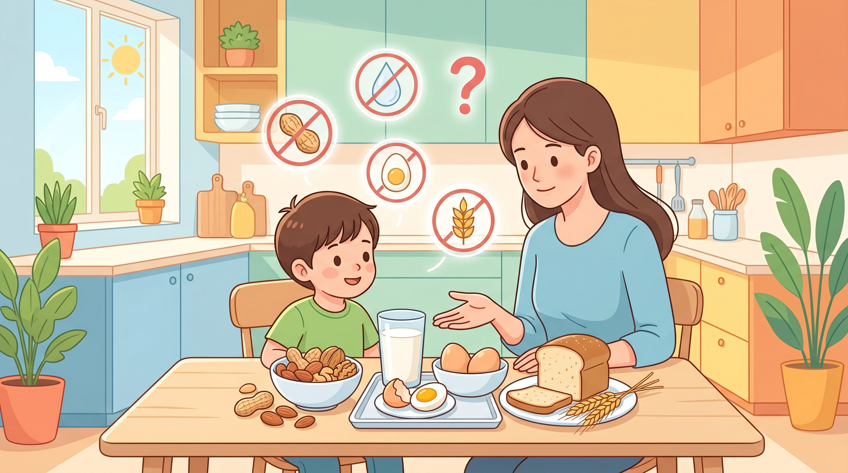 Ilustración educativa sobre alergia alimentaria en niños con alimentos alergénicos como frutos secos, leche, huevo y trigo