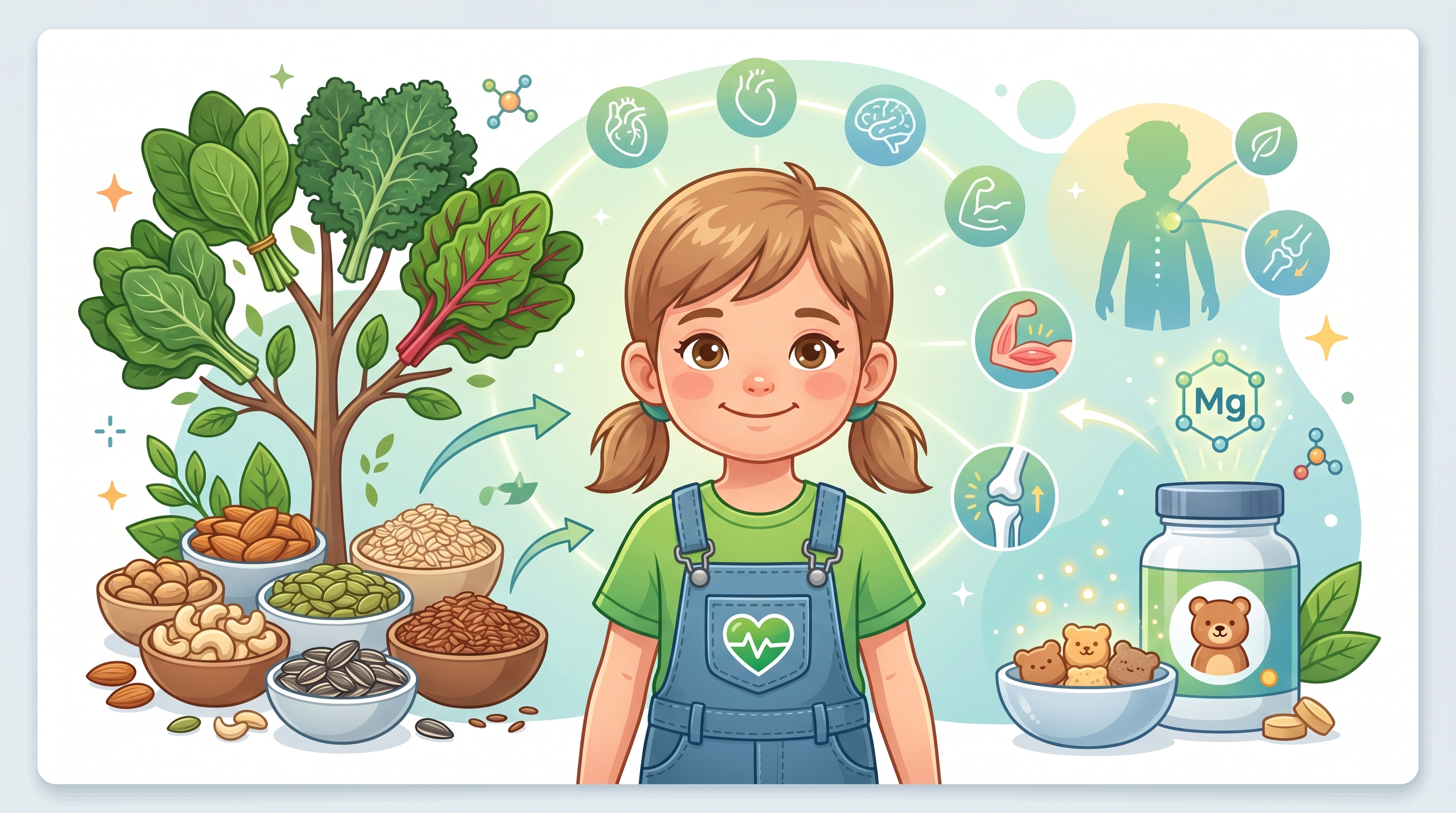 Ilustración educativa sobre el magnesio para niños: semillas, frutos secos y verduras de hoja verde sobre fondo claro