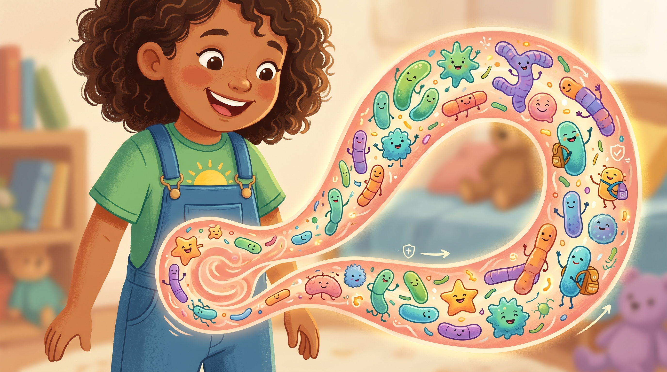 Ilustración de microbiota intestinal infantil saludable con bacterias probióticas coloridas